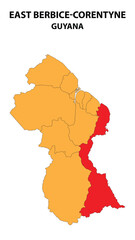 East Berbice-Corentyne Map is highlighted on the Guyana map with detailed state and region outlines.