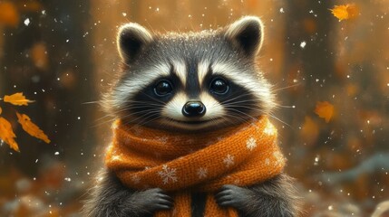 Fototapeta premium Raccoon wearing an orange scarf in autumn.