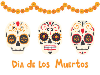 Marigold flowers garland and sugar skull on day of dead, vector banner. Dia de Los Muertos holiday fiesta background with Mexican calavera skulls and floral ornament for greeting card