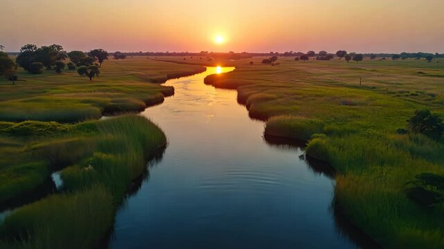 A winding river flows through a grassy plain as the sun sets in the distance, casting a golden glow over the landscape