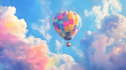 Naklejka premium Colorful hot air balloon ascends in a bright blue sky.