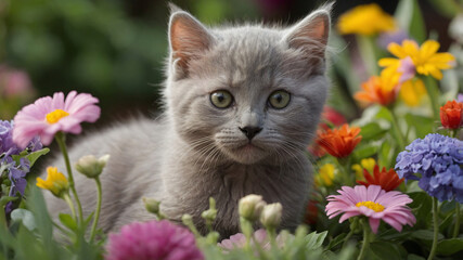 A gray kitten sitting in a garden, surrounded by colorful flowers and greenery.