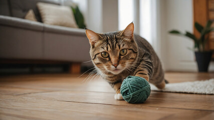 A playful tabby cat chasing a ball of yarn on a wooden floor in a cozy living room
