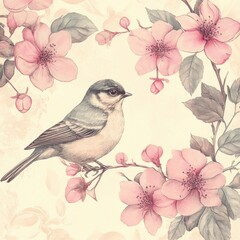 Romantic Floral Symphony: Whimsical Birds and Blossoms Dance Across Seamless Watercolor Canvas