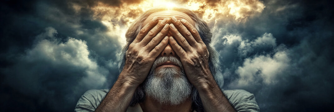  hands covering the eyes of an old man, against a sky background, 