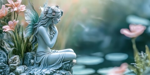 Fairy statue with pink flowers.