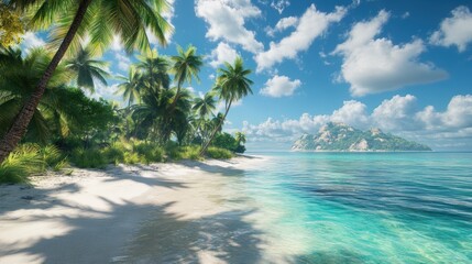 Obraz premium Tropical beach with palm trees and blue water.