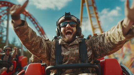 Army Personnel Enjoy a Thrilling Roller Coaster Ride at an Amusement Park, Celebrating Camaraderie and Adventure