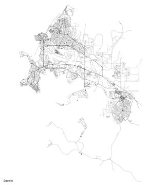 Darwin city map with roads and streets, Australia. Vector outline illustration.