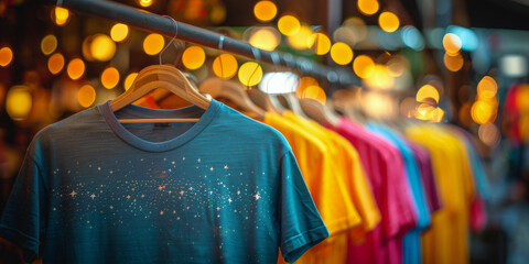 Fototapeta premium Colorful tie dye shirts displayed at a vibrant market during a sunny afternoon
