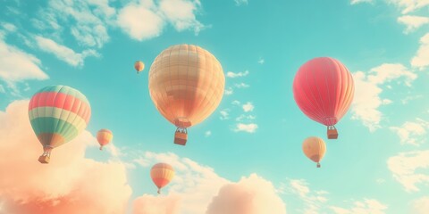 Naklejka premium Hot air balloons flying through a blue sky.