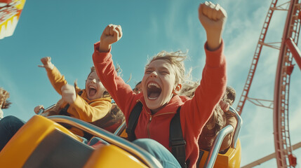 Excited Child Enjoy a Thrilling Roller Coaster Ride at an Amusement Park on a Sunny Day