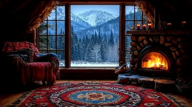 Cozy mountain cabin with a fireplace and stunning snow-capped mountain view through large windows. Seamless looping 4k video background