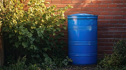 Obraz premium Blue Barrel Against Brick Wall