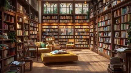 Sunlit library with bookshelves, plants, and seating.