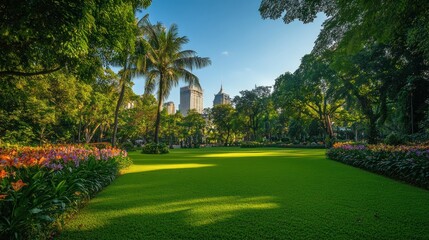 Obraz premium A park with a large green field and red flowers. The field is surrounded by buildings. The sky is blue and clear