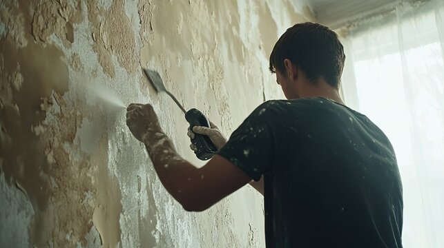 Man scraping wall