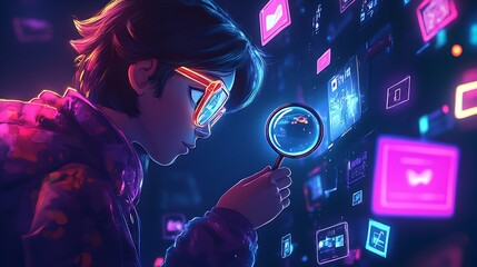 A stylized character examining sale items with a magnifying glass, various discount tags and symbols floating around, glowing price cuts on tech gadgets and fashion products,