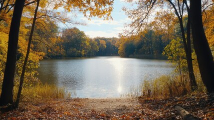 Obraz premium Serene Lake View Through Trees for Peaceful Nature Imagery