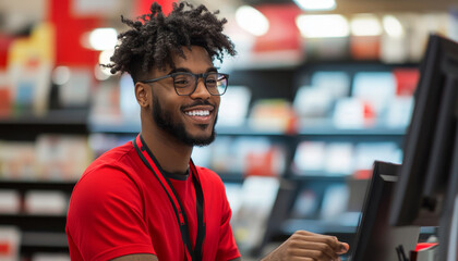 Smiling African American Man Working at a Computer