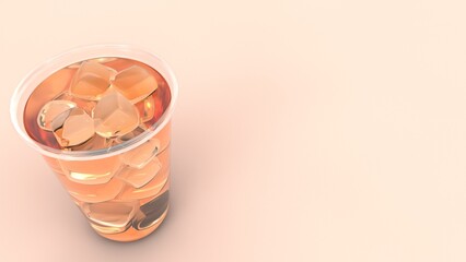 A 3D-rendered cup of iced tea filled with ice cubes, placed on a light, neutral background. The drink appears refreshing and is perfect for showcasing beverages in product presentations.