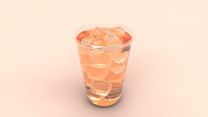A 3D-rendered cup of iced tea filled with ice cubes, placed on a light, neutral background. The drink appears refreshing and is perfect for showcasing beverages in product presentations.