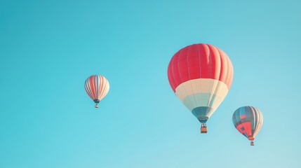 Naklejka premium Three hot air balloons in a blue sky.