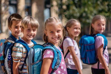 Fototapeta premium A group of smiling schoolchildren with backpacks walking down the street