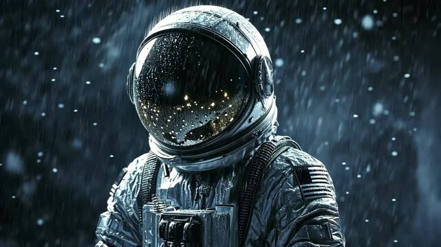 An astronaut stands in the rain, looking down, with raindrops covering their helmet