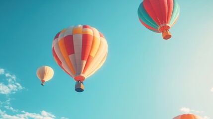 Three hot air balloons in a blue sky.