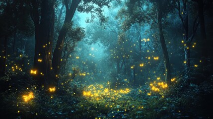 Obraz premium Glowing butterflies in a dark forest.