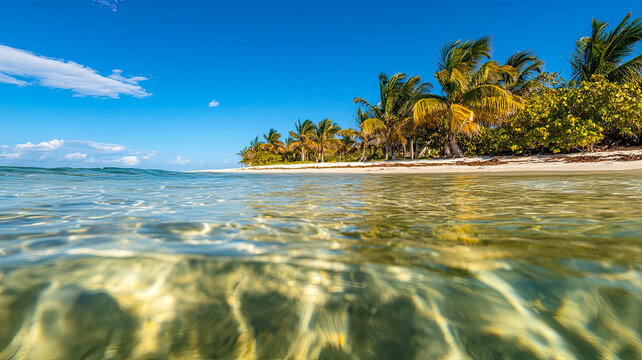Ein tropischer Strand mit Palmen und blauem Himmel 
