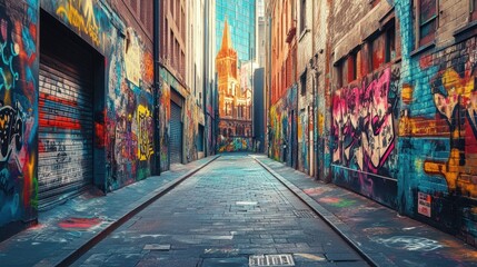 Fototapeta premium Graffiti-covered alleyway with cobblestone street.