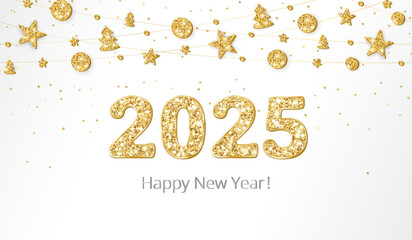 Happy New Year banner. 2025 gold glitter numbers. Christmas glitter decoration with balls, trees and stars. Golden celebration background. For holiday headers, party flyers. Vector illustration.