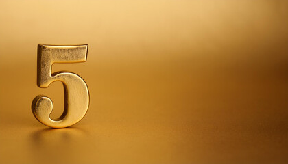 Golden number 5 five on golden background with gradient. Copy space. 3D rendering.