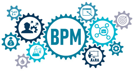 BPM concept banner website web icons vector illustration with an icons of design, model, execute, mentoring, strategy, goal, optimization, finance, on white background editable icons,