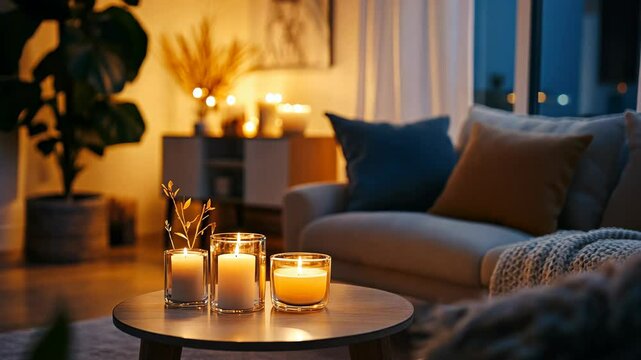 Three candles burn brightly on a coffee table in a cozy living room at night