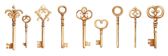 Watercolor Vintage Gold Keys: Antique Decorative Metal Key Set