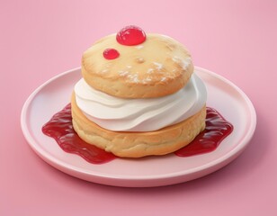 A scone topped with whipped cream and jam, 3D illustration