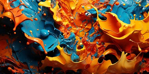 A painting of orange and blue splatters with a yellow splash in the middle
