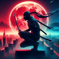 Cool 2D illustration of modern ninja and big red moon, cinematic colors of the city.