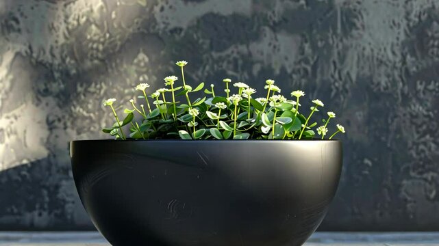 A black planter with a small white flower plant sits in front of a gray wall