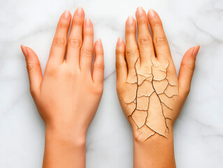 Contrast in Skin Care: One Hand with Healthy Moisturized Skin and Another with Dry Cracked Texture on White Background