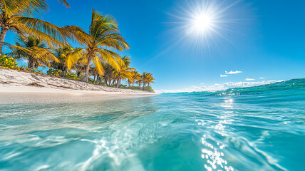 Ein tropischer Strand mit Palmen und blauem Himmel 