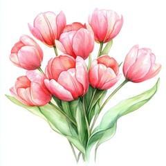Fototapeta premium Watercolor Spring Tulip Bouquet Greeting Card for Wedding and Birthday Celebration