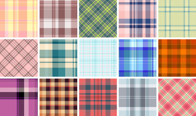 A fashionable set of plaid textile patterns with geometric squares and stripes, perfect for creating trendy clothes or decorative wallpapers.