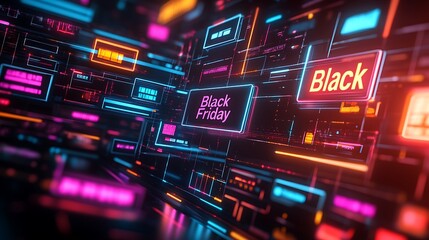 Obraz premium A vibrant collage of stacked browser windows, each showcasing different sale items and glowing “Black Friday” text, colorful discount tags floating around, intense light beams and shadows,
