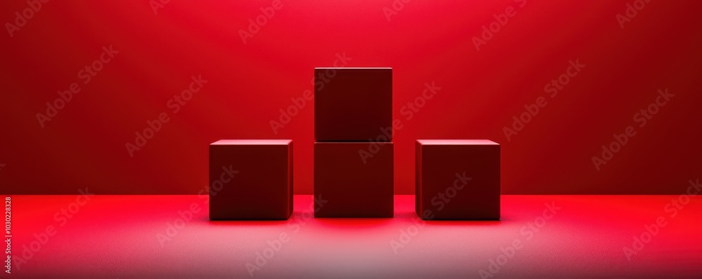 Poster red background with three stacked cubes creating abstract geometric art with vibrant lighting