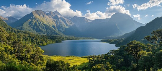 A serene lake nestled amidst towering mountains and lush greenery, bathed in sunlight.