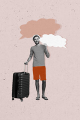 Vertical photo collage of happy man hold suitcase summer travel preparation tourist bubble phrase...